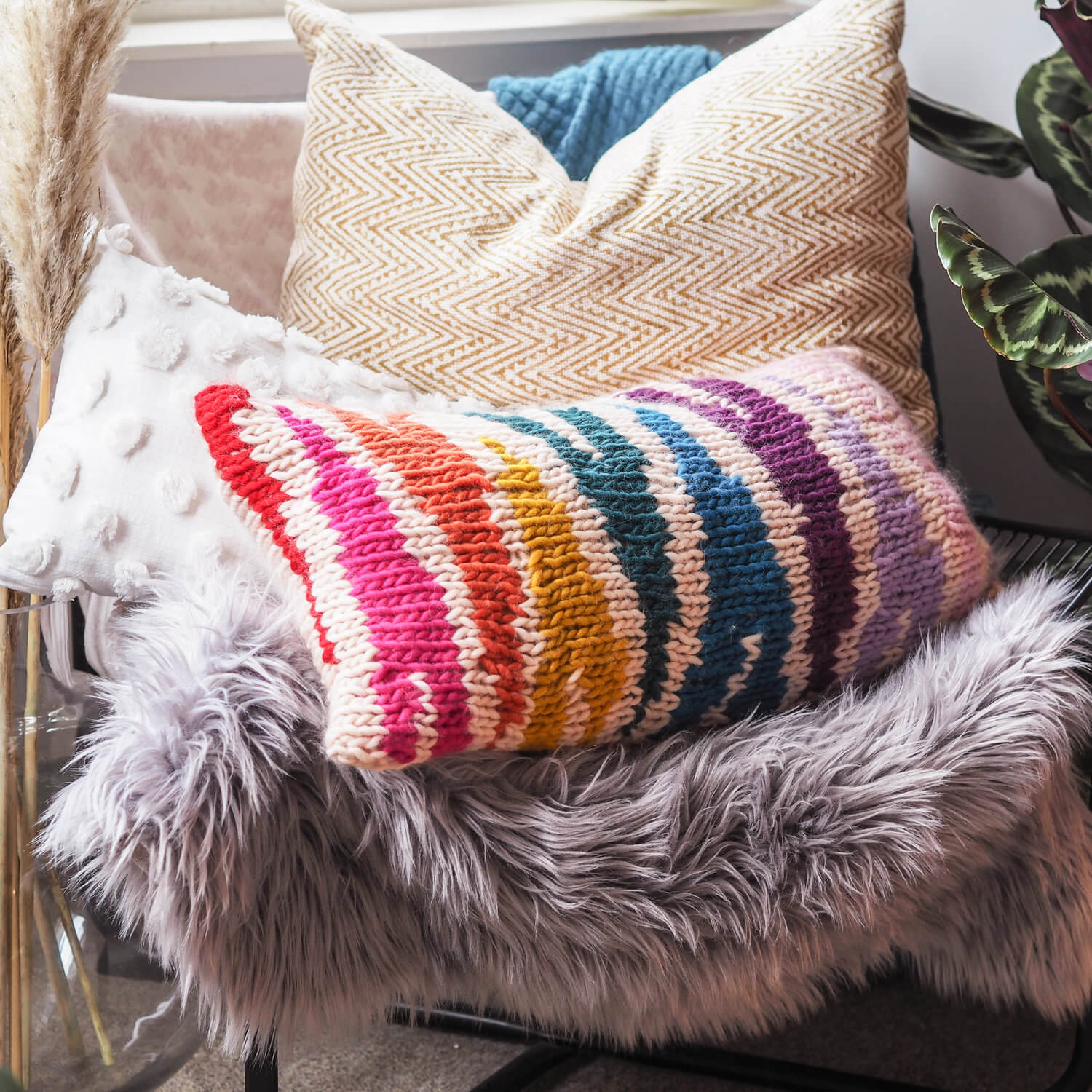 Rainbow Zebra Print Cushion Cover Knitting Pattern