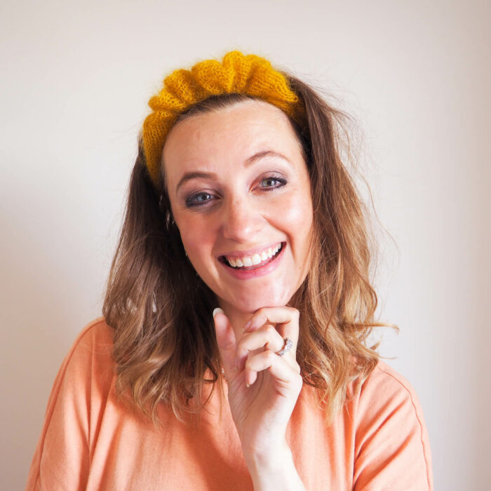 Halo Headband Mini Mohair knitting kit by Lauren Aston Designs in Mustard Yellow