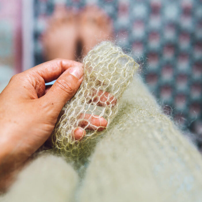 Sea Shore Scarf Mini Mohair knitting kit by Lauren Aston Designs in Sage Green