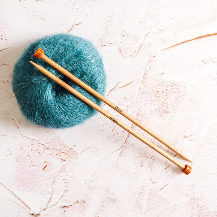 Petrol Blue Mini Mohair knitting yarn by Lauren Aston Designs and knitting needles